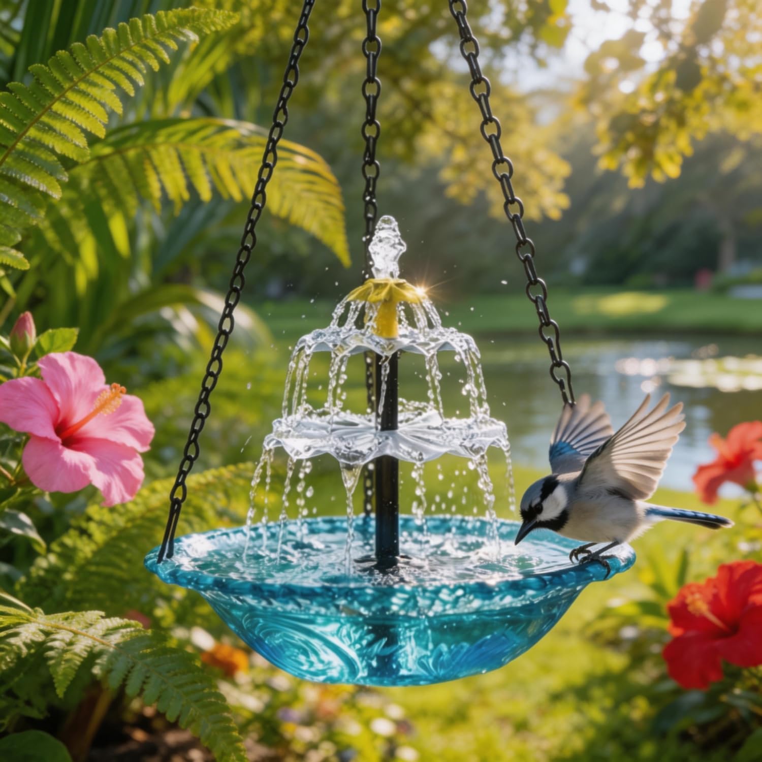 WesGen front view of hanging bird bath showing blue basin and overall design benefit