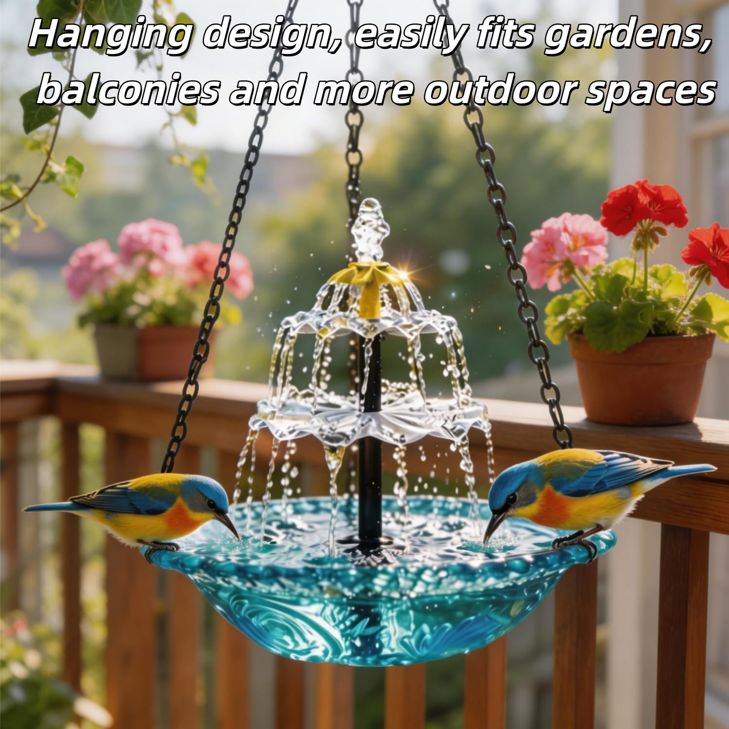 WesGen hanging fountain in use with a hummingbird drinking, attracts pollinators