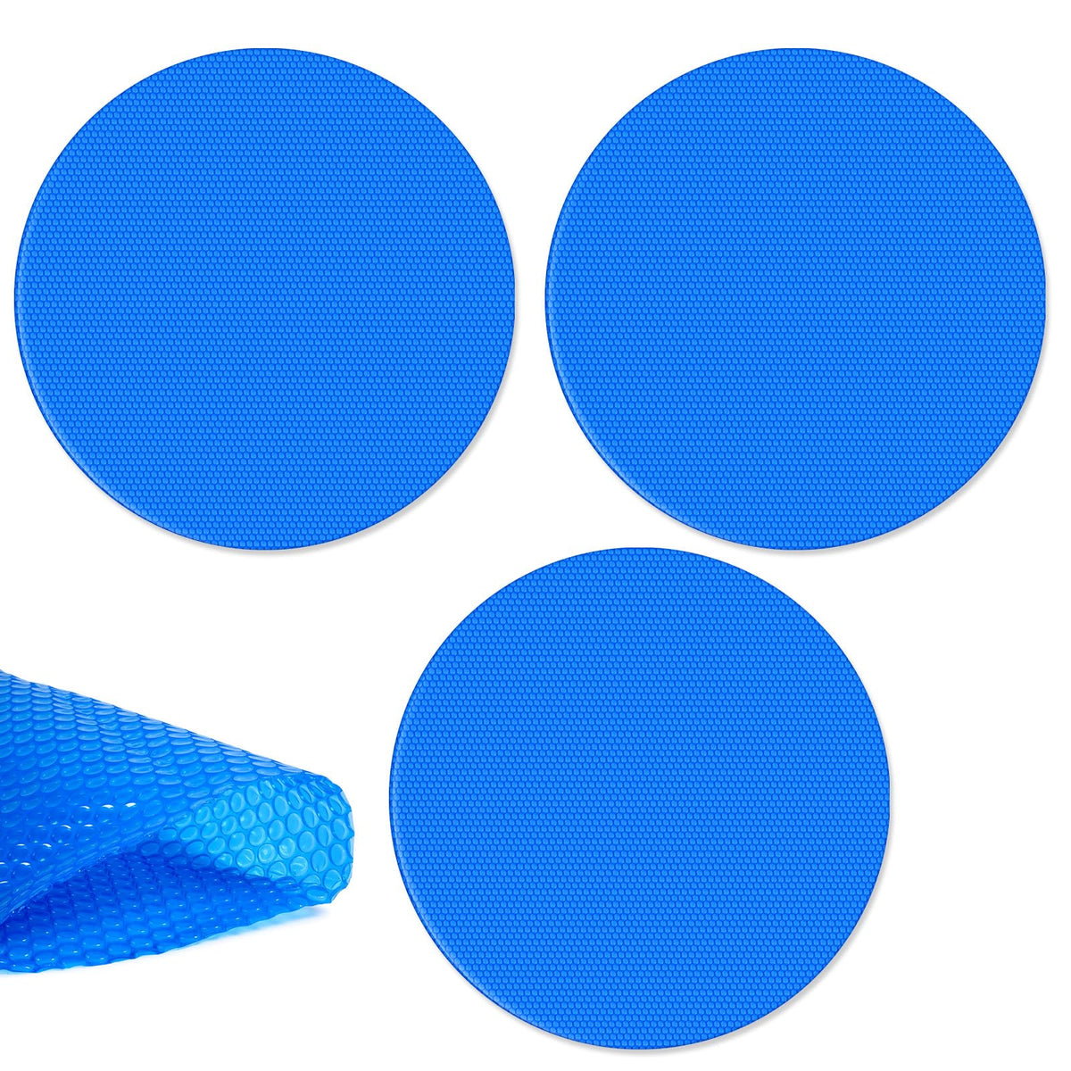 wesiti front packaging showing three blue solar pool blankets and easy storage benefits