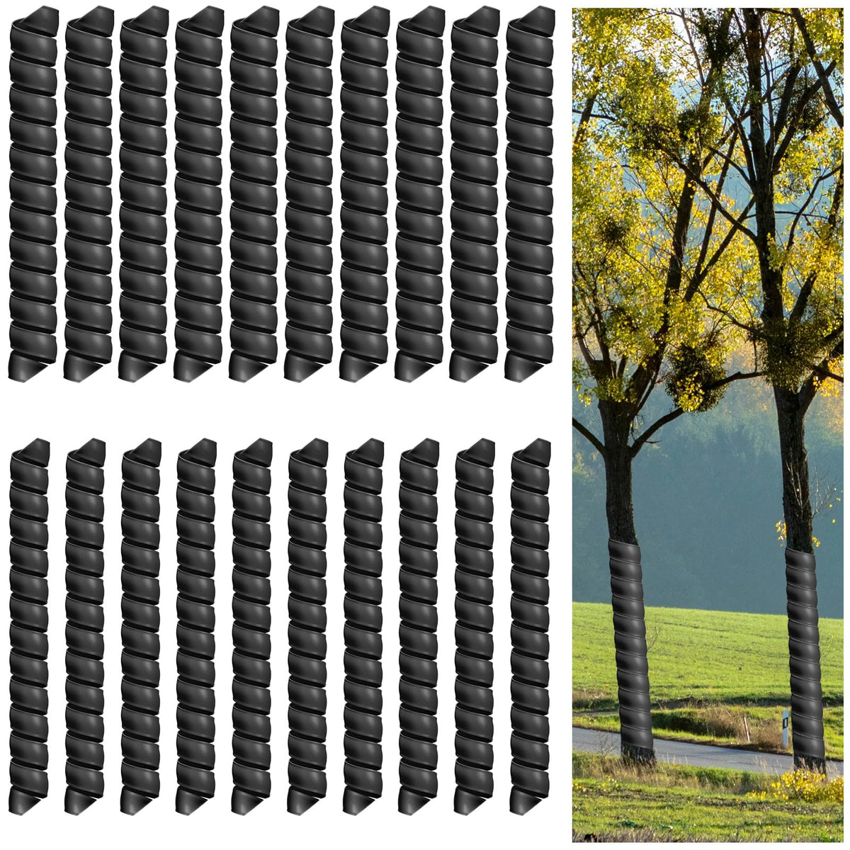 Wesiti front view of 20-piece tree guard pack showing quantity and black spiral design benefits protection