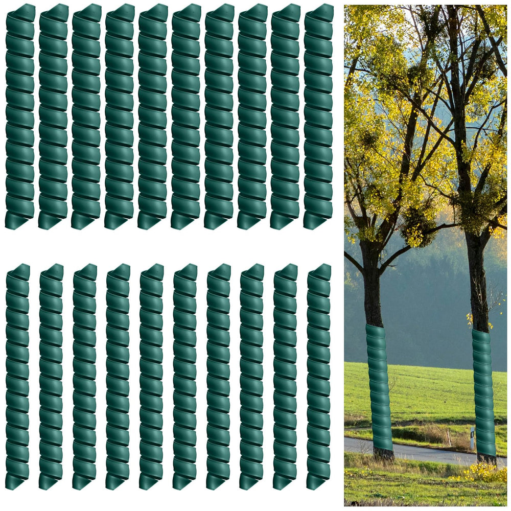 Wesiti front packaging showing 20 dark green spiral tree wrap guards protecting trunks