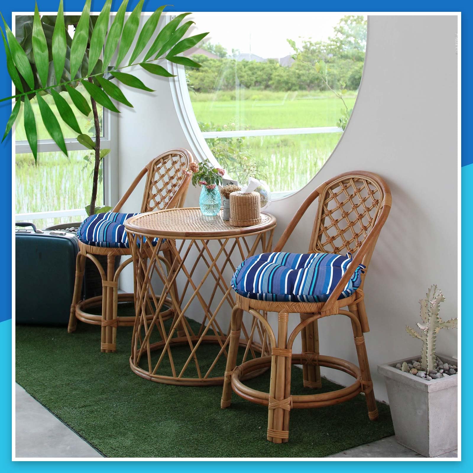 wesiti lifestyle patio setting showing coordinated blue stripe cushions enhancing outdoor seating