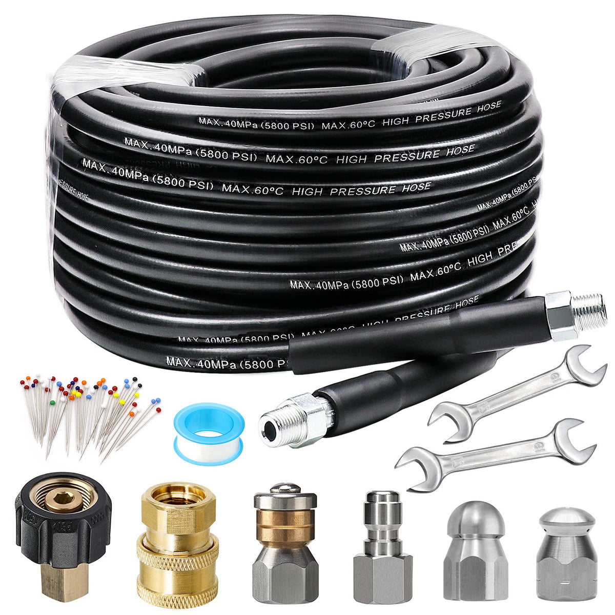 West Bay frontal del kit Sewer Jetter mostrando todos los componentes y beneficios de uso