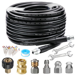 West Bay frontal del kit Sewer Jetter mostrando todos los componentes y beneficios de uso