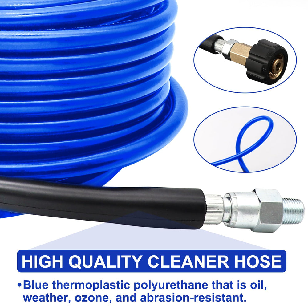 West Bay hose fed into pipe demonstrating practical drain-cleaning power