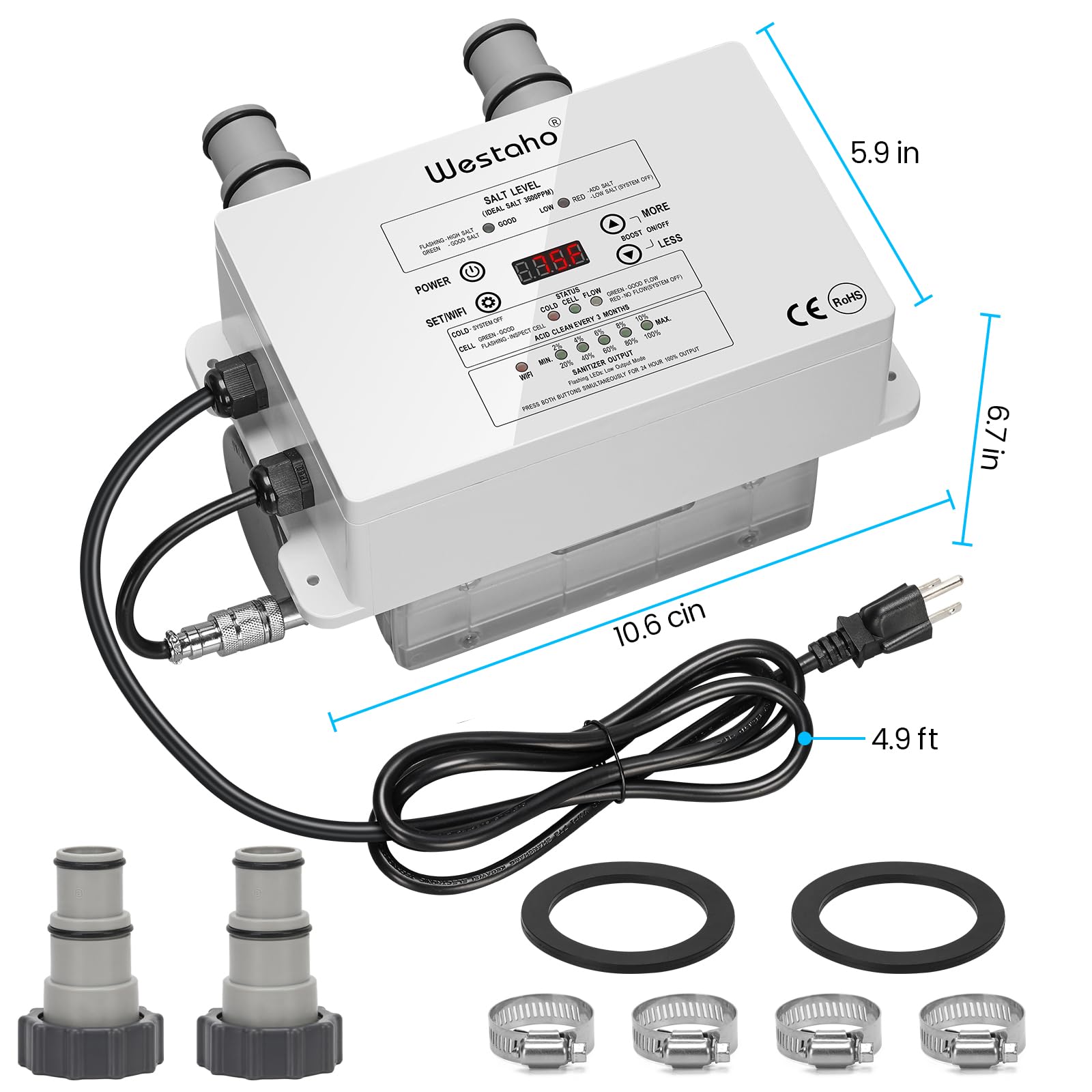 WESTAHO unit next to pool filter showing compact size and clear scale
