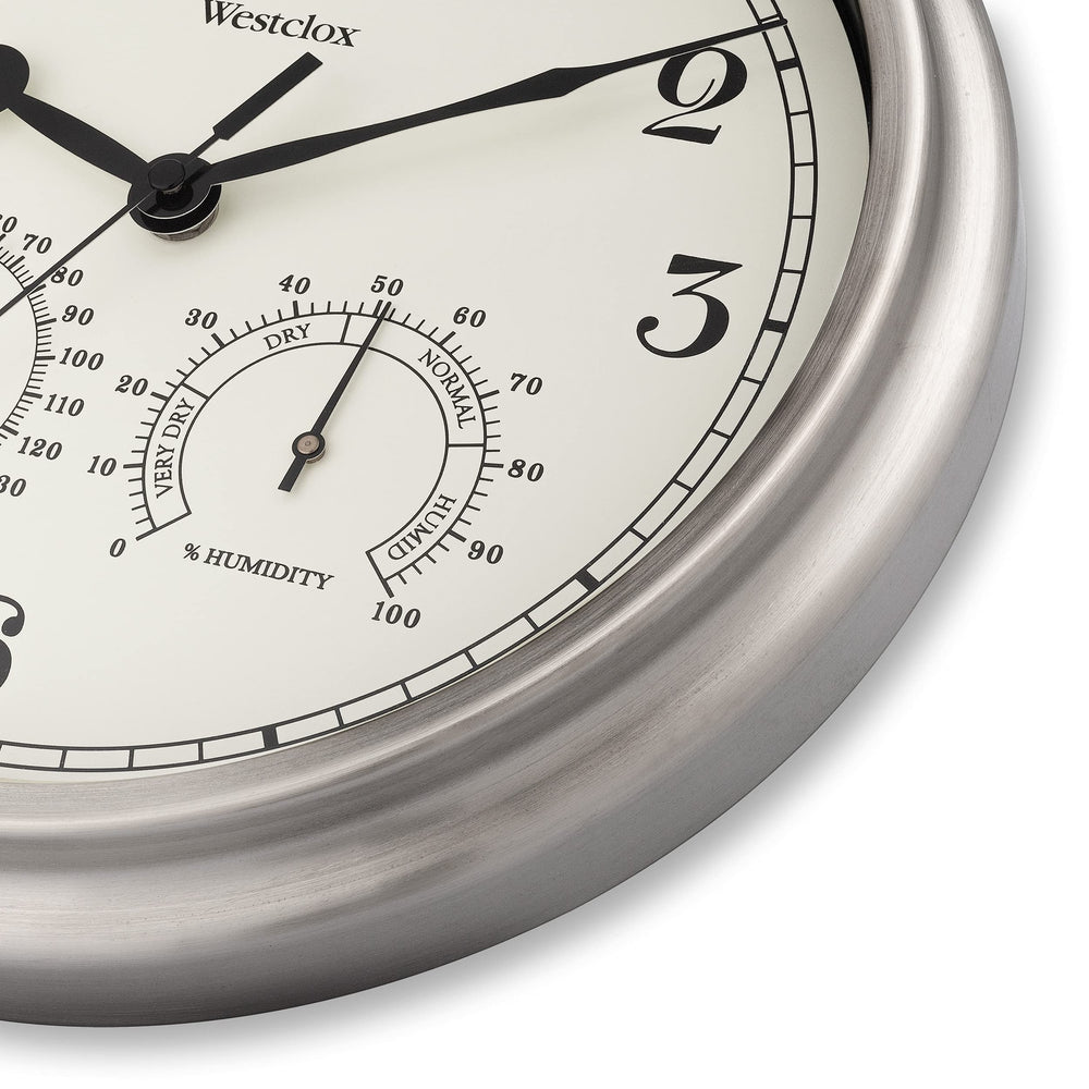 Westclox closeup of thermometer and hygrometer dials for monitoring comfort levels