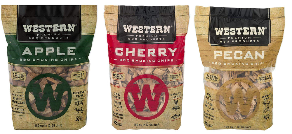 Western front packaging showing three wood chip flavors and clear benefit of variety