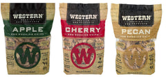 Western front packaging showing three wood chip flavors and clear benefit of variety