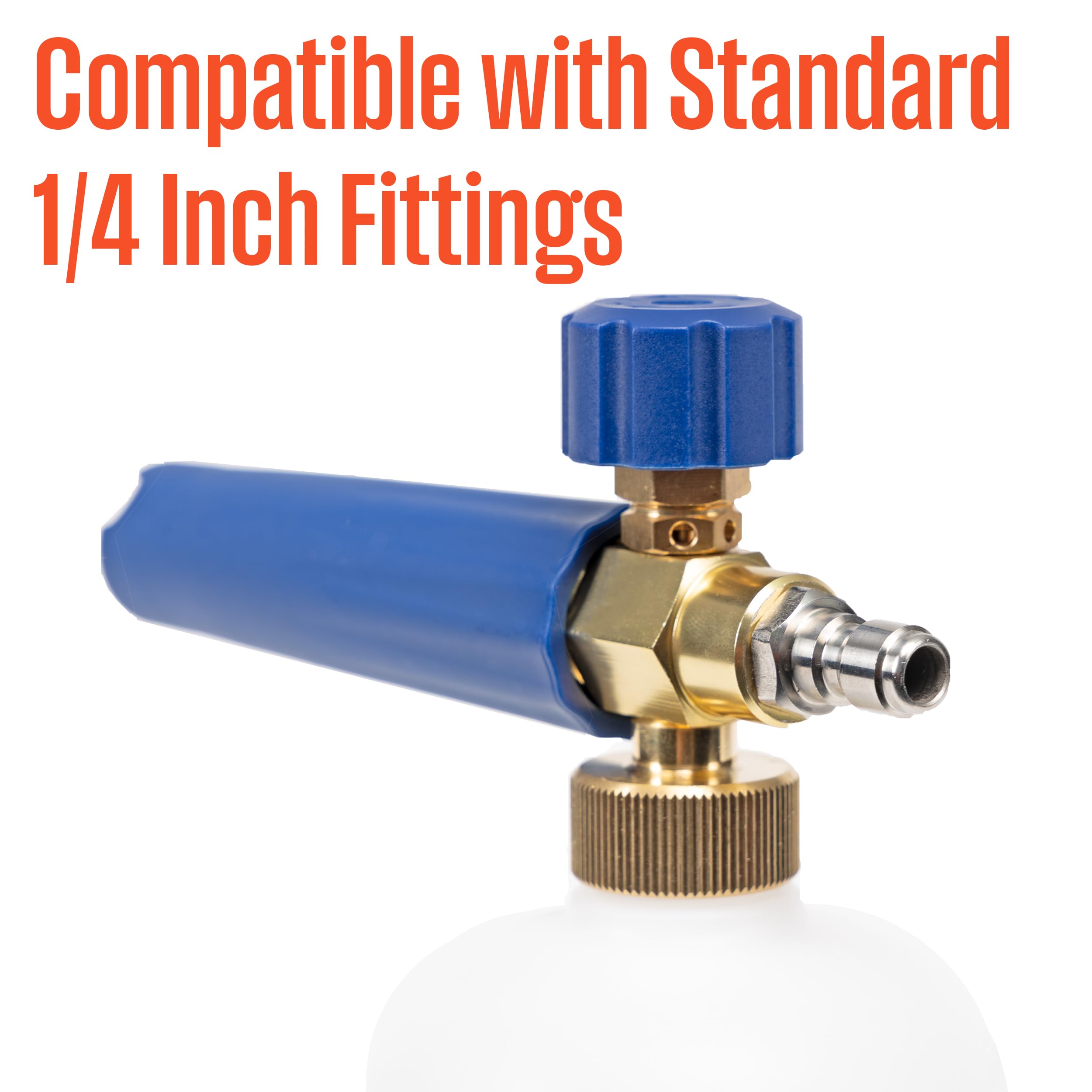 Westinghouse foam cannon bottle next to hand to illustrate size and capacity