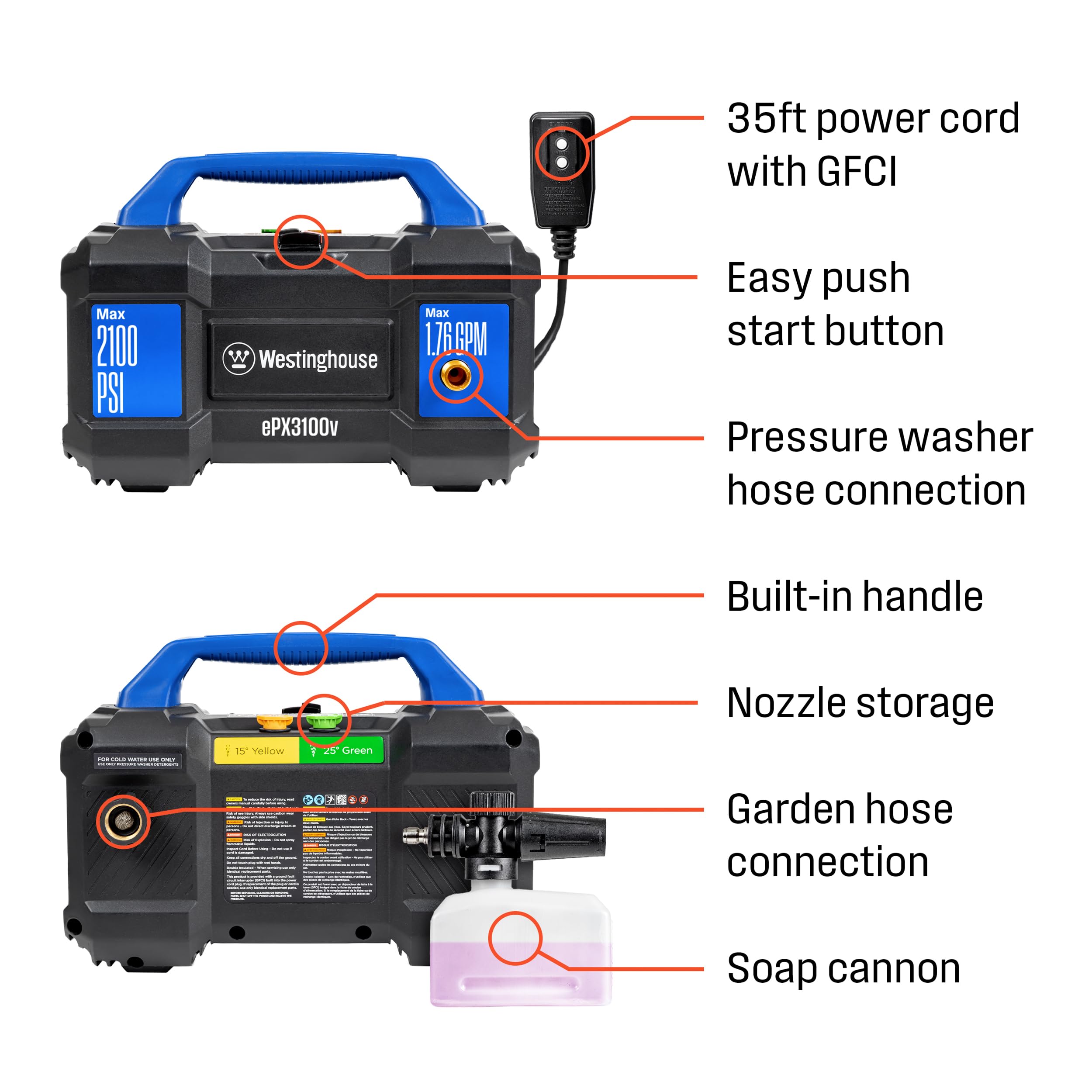 Westinghouse ePX3100v with detachable foam cannon attached for concentrated detergent application