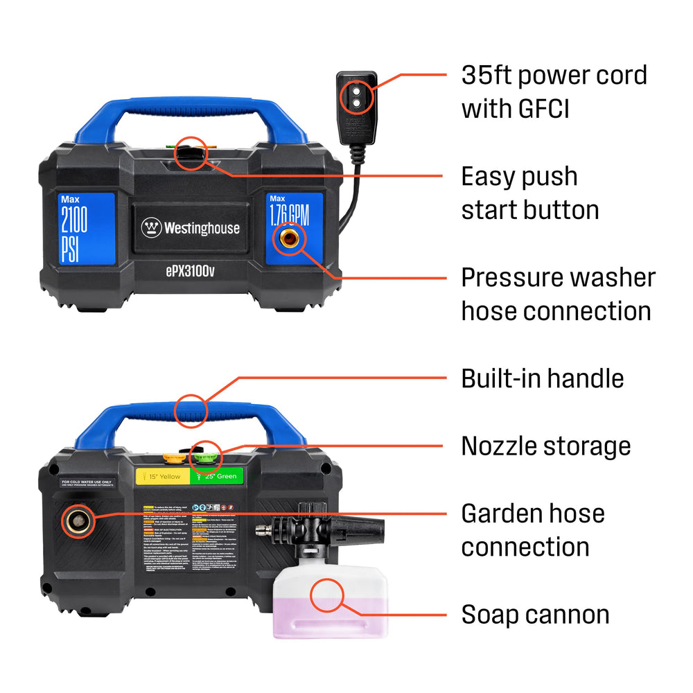Westinghouse ePX3100v with detachable foam cannon attached for concentrated detergent application