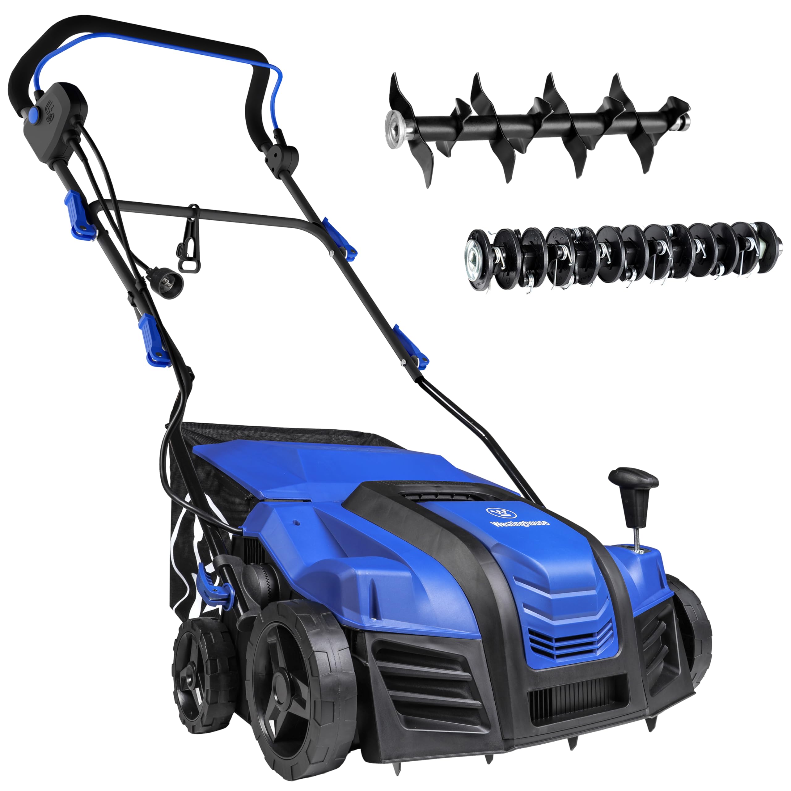 Westinghouse front view showing 16-inch deck and tines for fast lawn cleanup