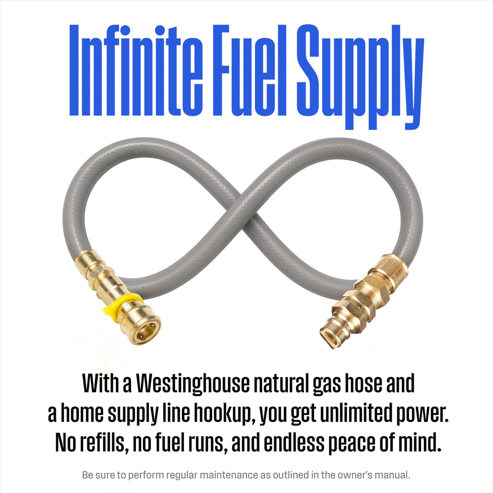 Westinghouse hose connected to generator natural gas intake enabling continuous run time