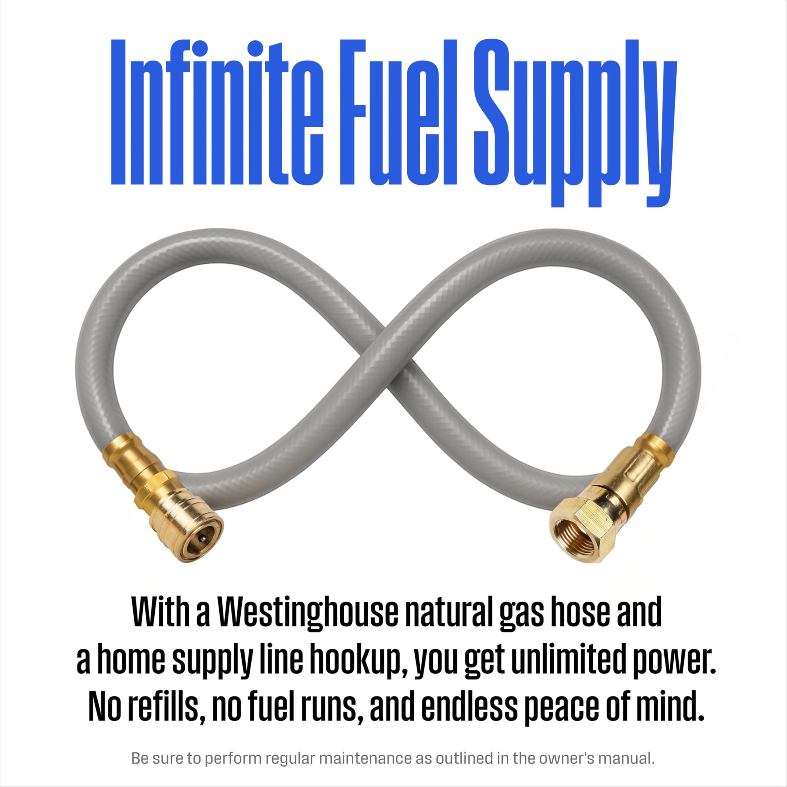 Westinghouse hose attached to generator showing quick-connect ease and stable fuel supply