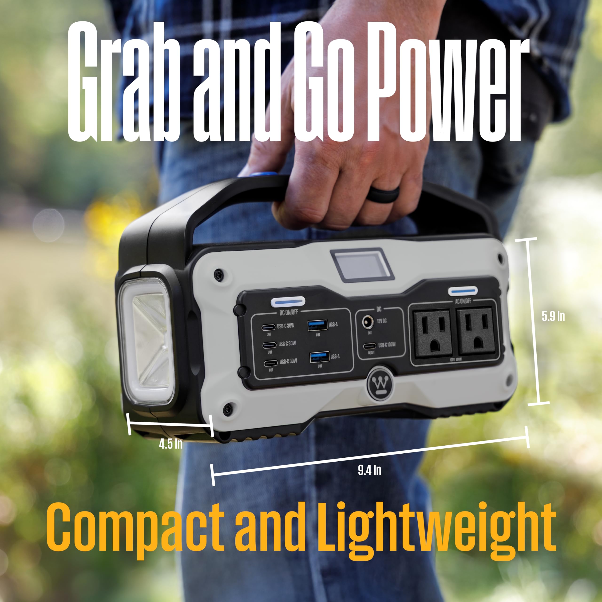 Westinghouse iGen400s shown with hands for size comparison and portability