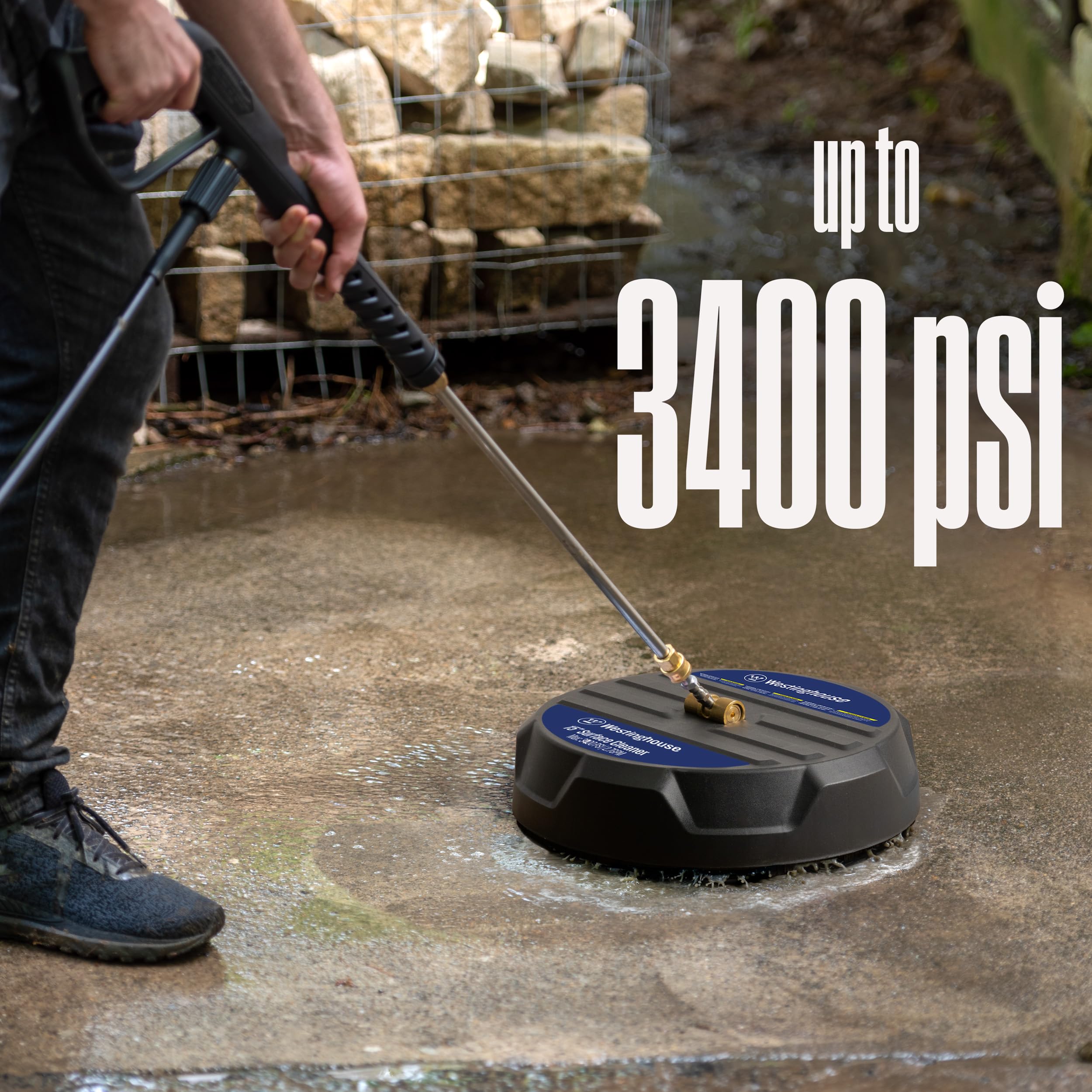 Westinghouse surface cleaner in use on driveway delivering streak-free cleaning benefit