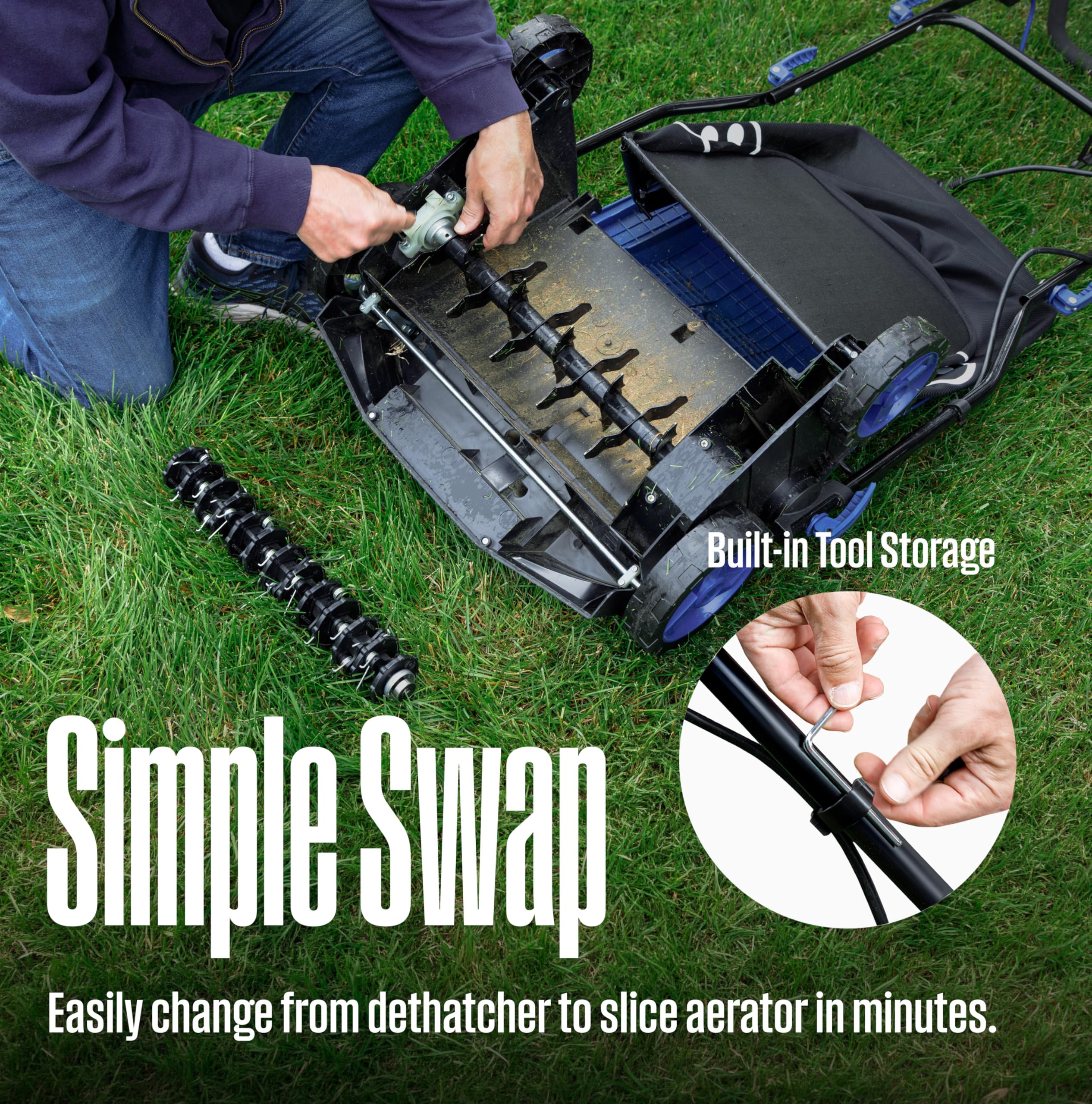 Westinghouse in use on lawn demonstrating dethatching benefit and easy rolling