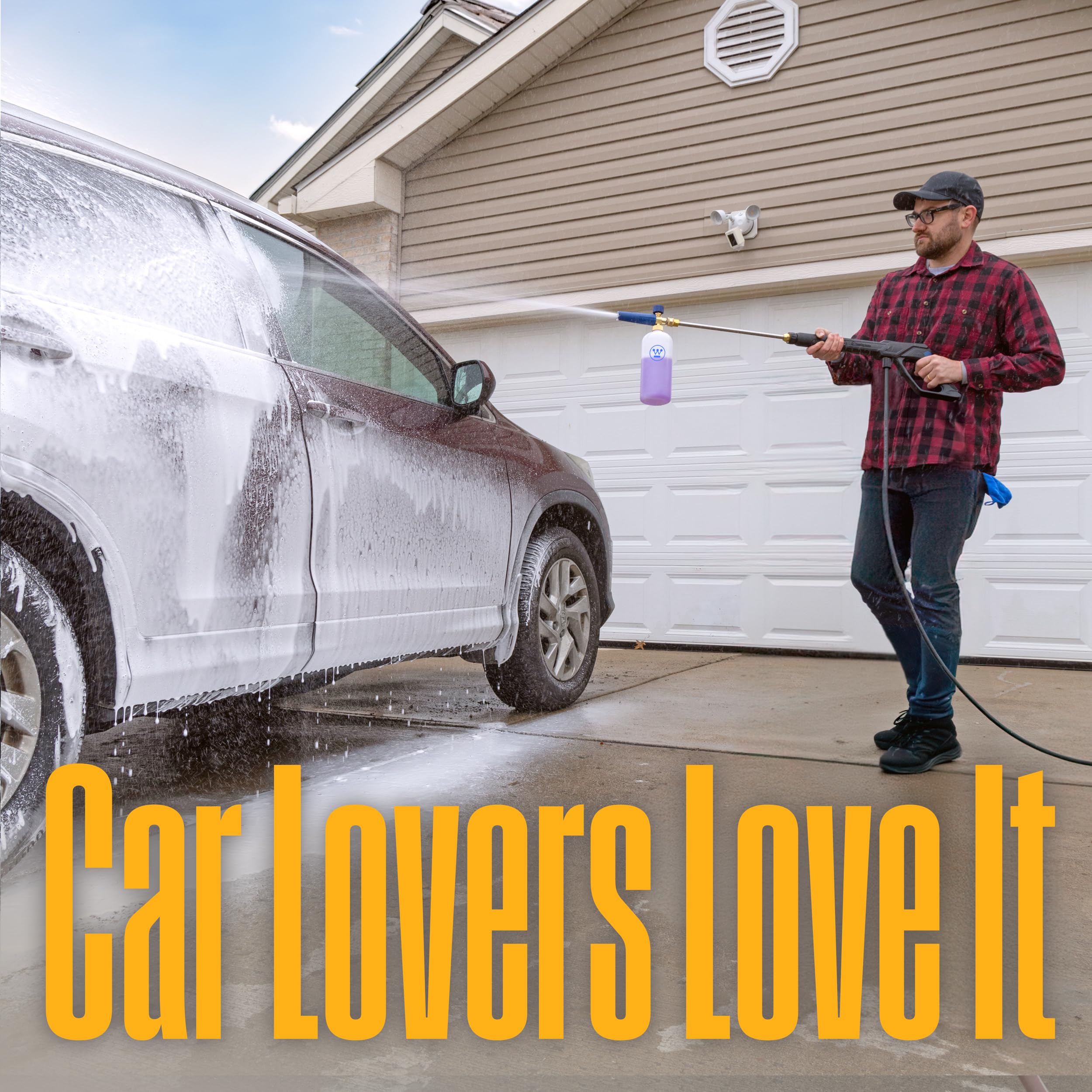 Westinghouse kit in use on car side applying foam to loosen dirt and grime