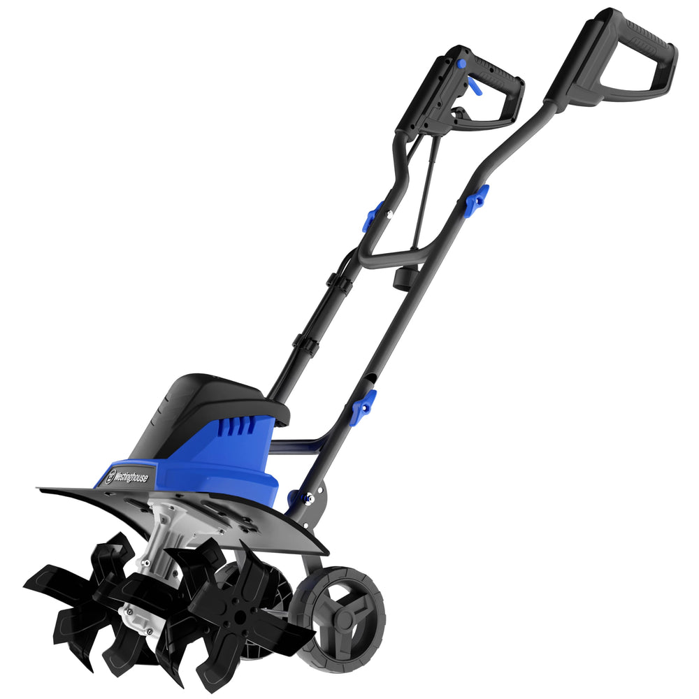 Westinghouse beside gardener for scale illustrating light 24 lb weight and maneuverability