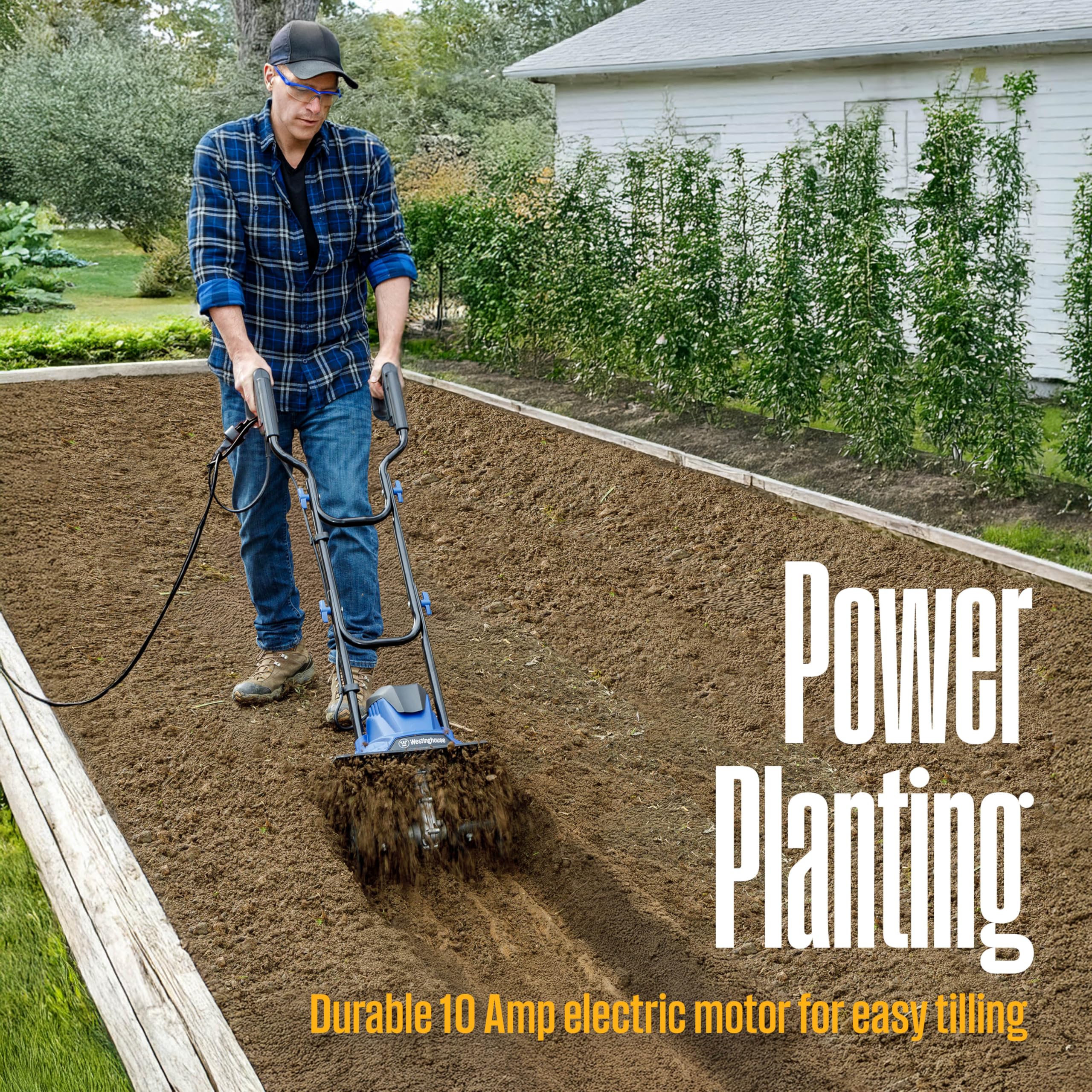 Westinghouse tiller working in a vegetable bed showing fast soil preparation benefit