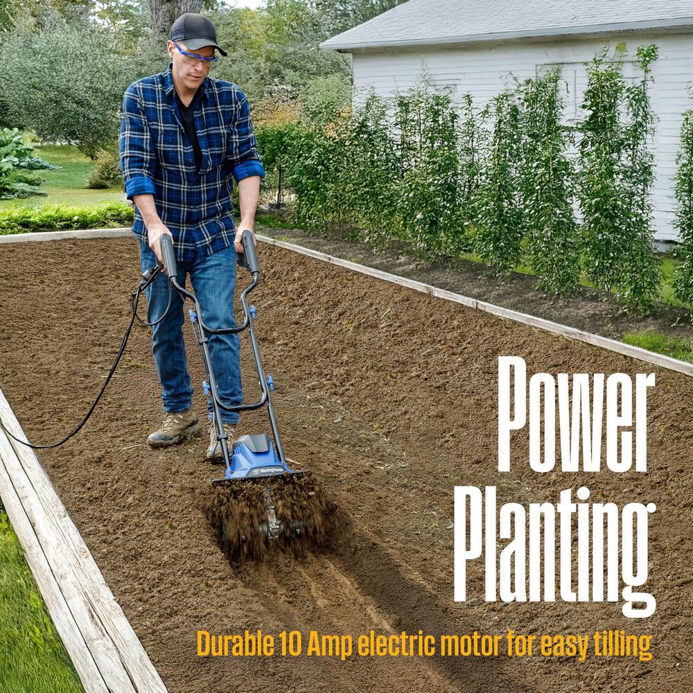 Westinghouse tiller working in a vegetable bed showing fast soil preparation benefit