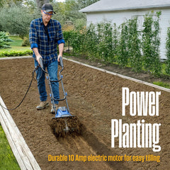 Westinghouse tiller working in a vegetable bed showing fast soil preparation benefit