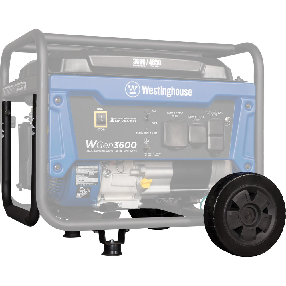 Westinghouse close-up of 8-inch never-flat wheel highlighting durable puncture-proof tread