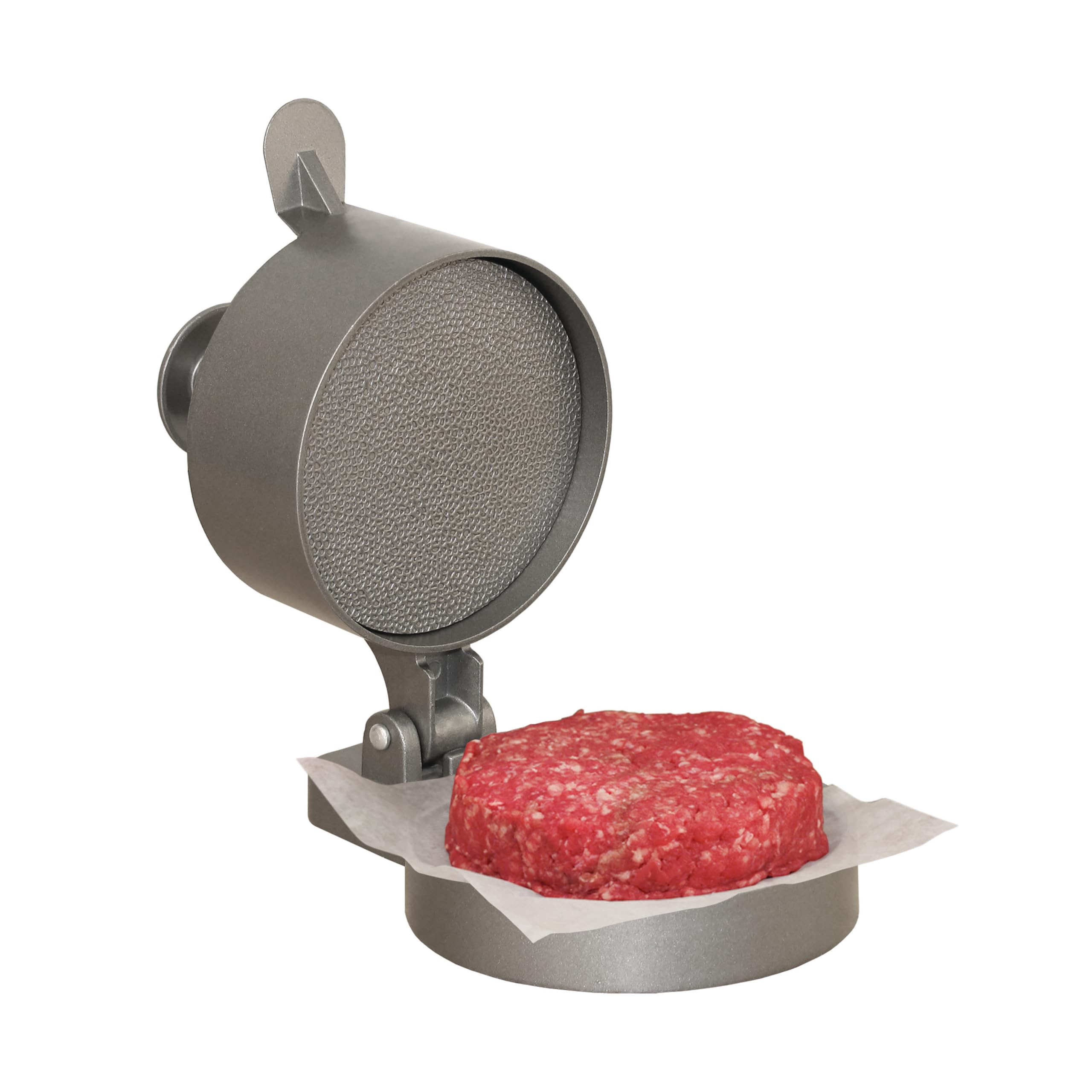 Weston burger press front view showing sturdy cast-aluminum construction and uniform shaping benefit