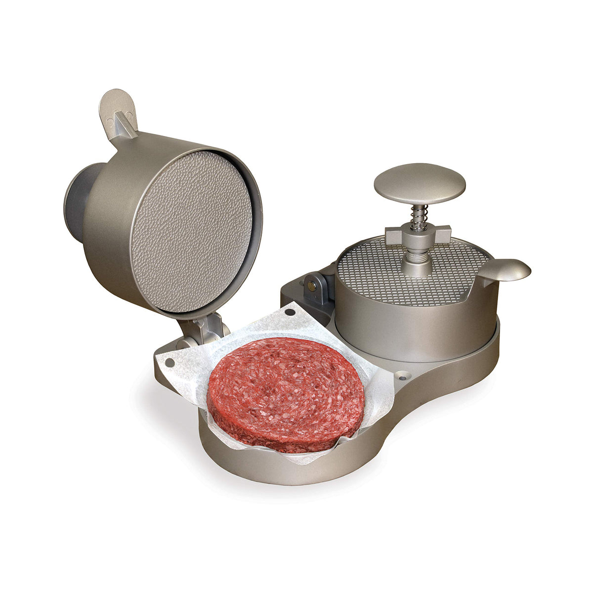 Weston front view of double burger press showing sturdy cast aluminum and nonstick finish benefits