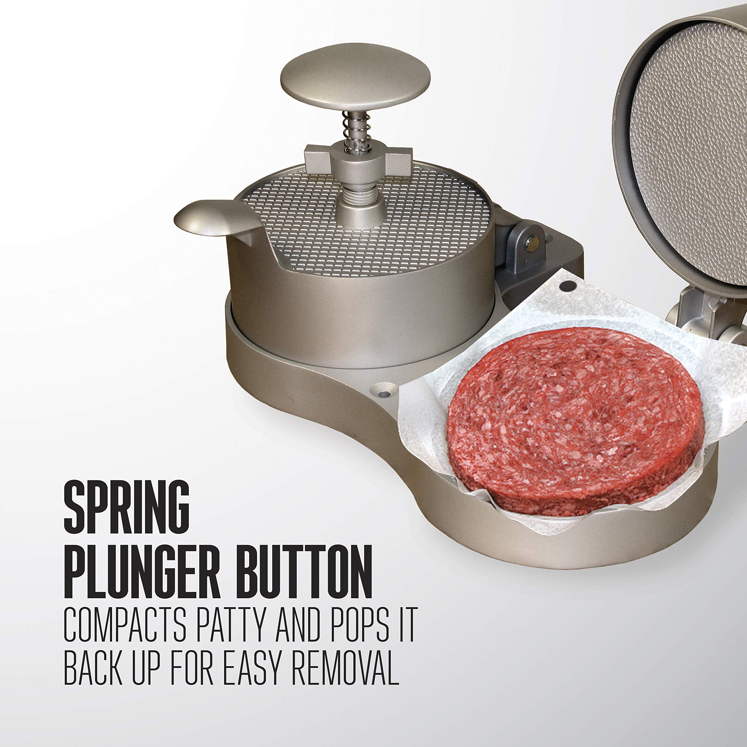 Weston spring plunger detail close-up illustrating easy ejector for tear-free patty removal