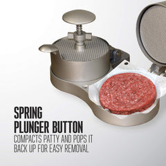 Weston spring plunger detail close-up illustrating easy ejector for tear-free patty removal
