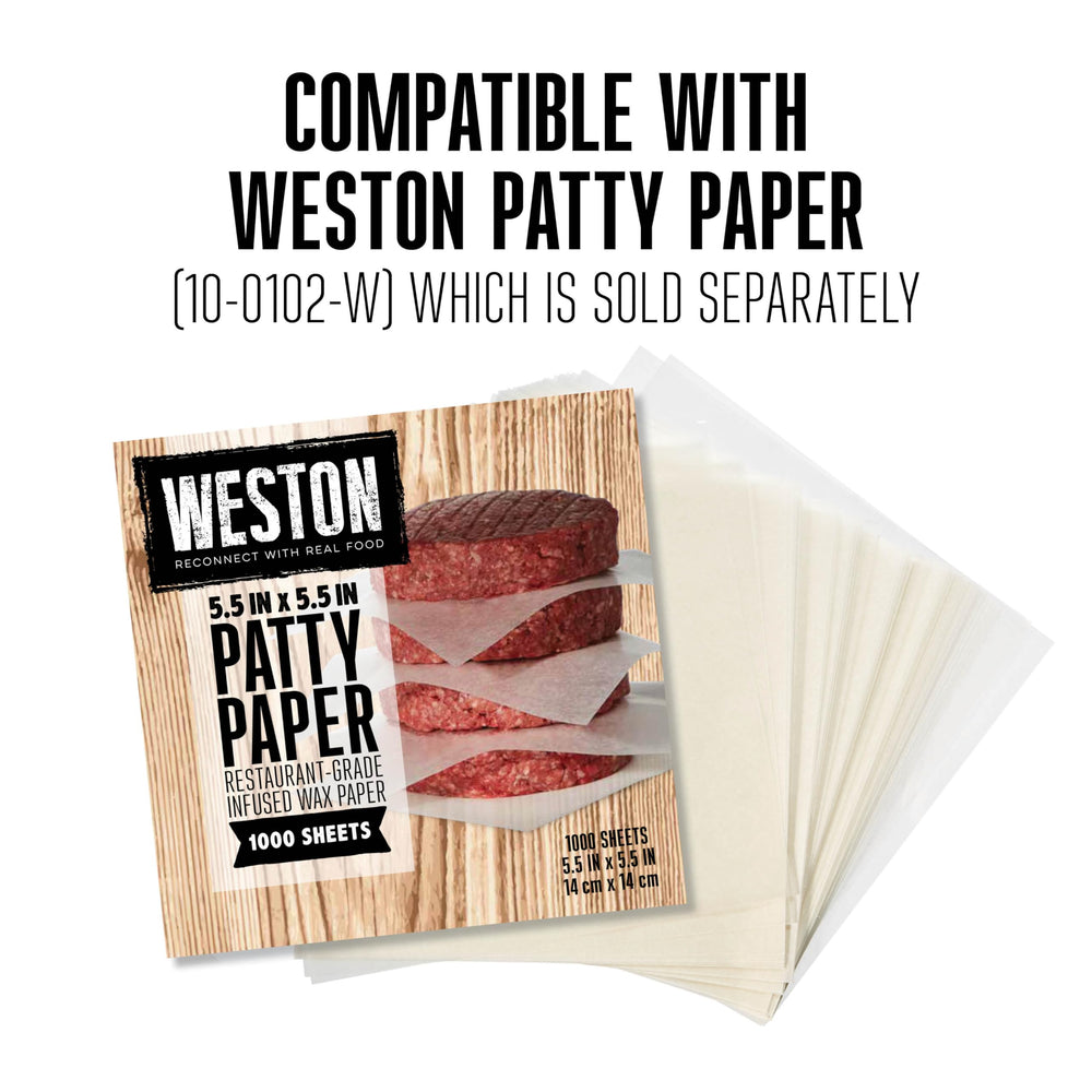 Weston stuffed burger in press illustrating secure sealing and neat filling containment benefit