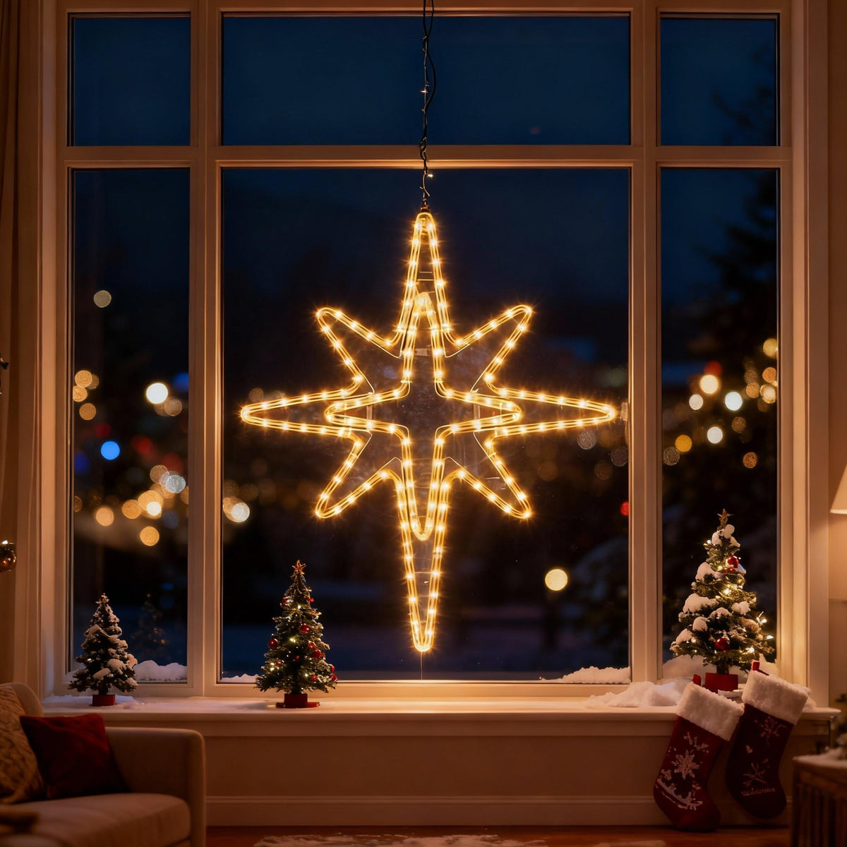 Wettal front view of 28 inch LED Star showing warm glow and silhouette