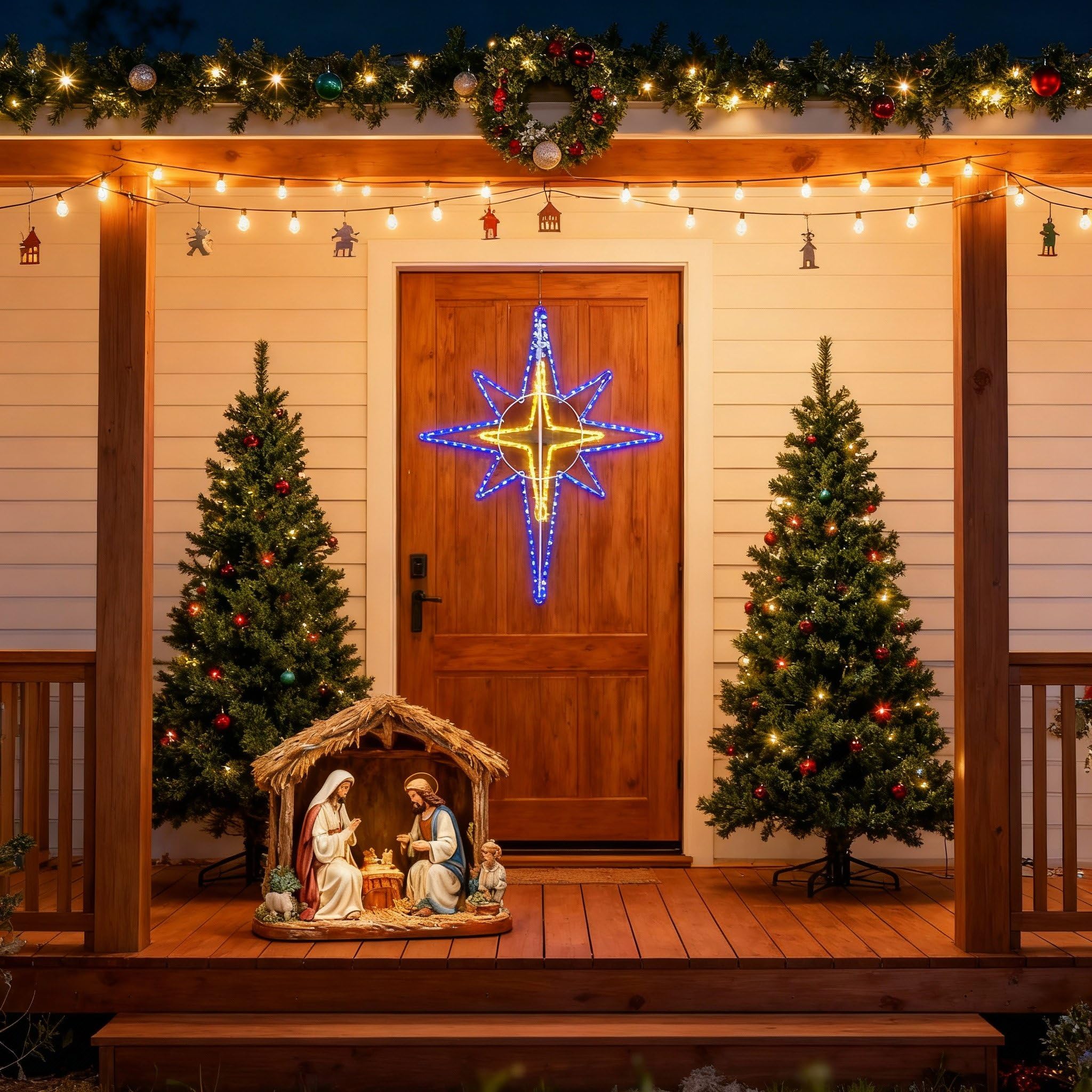Wettal displayed above a nativity scene adding atmospheric event lighting