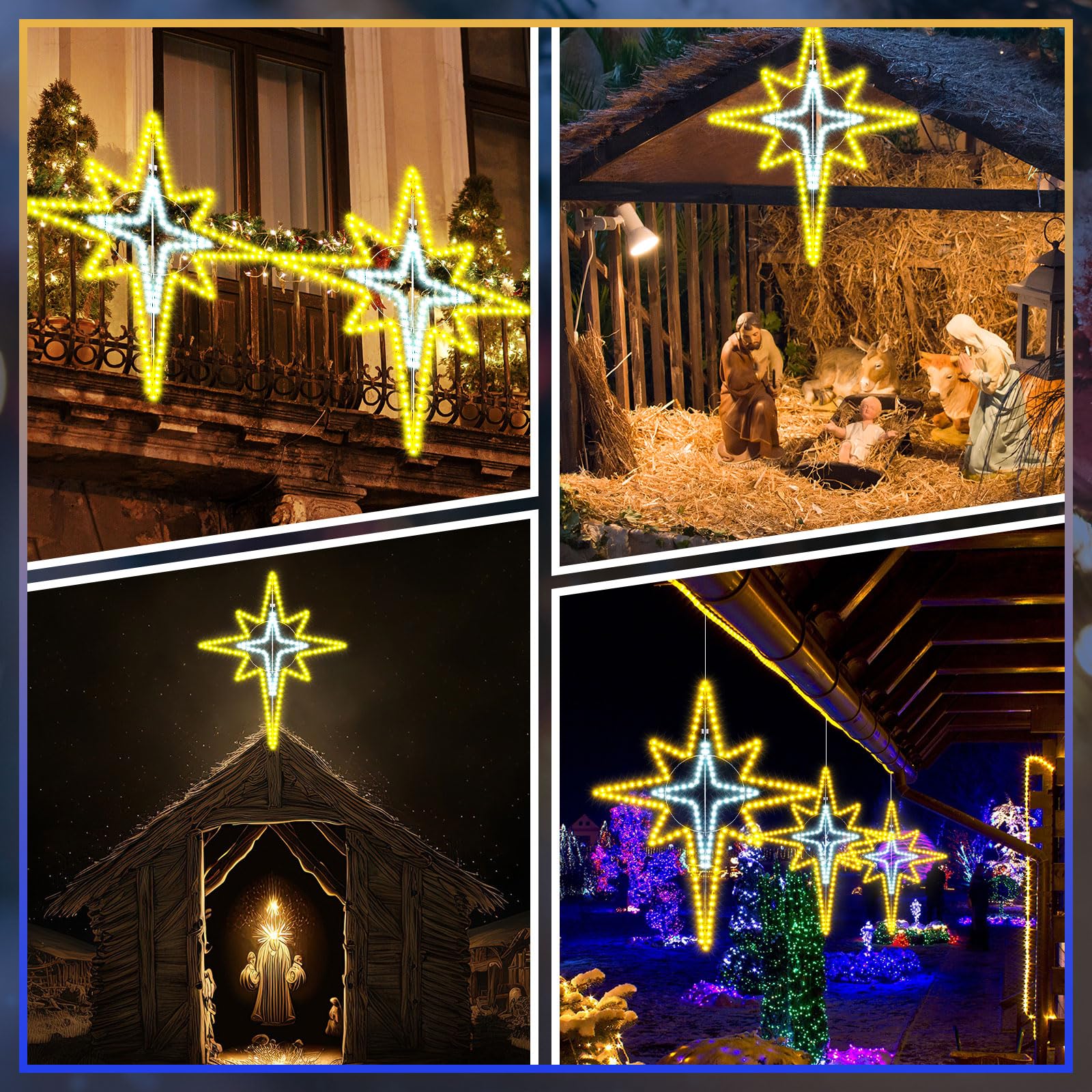 Wettal star over nativity scene creating atmospheric holiday lighting for displays