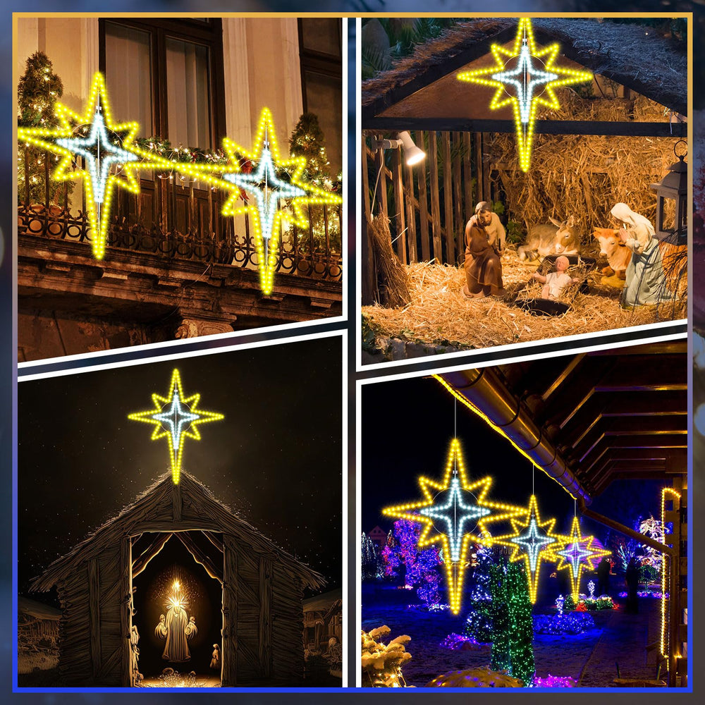 Wettal star over nativity scene creating atmospheric holiday lighting for displays