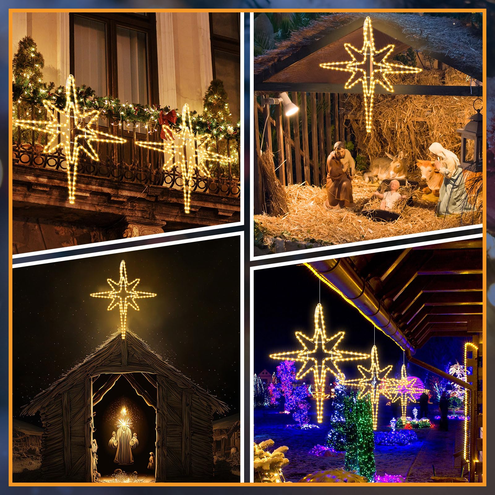 Wettal star used as tree topper providing layered warm-blue and yellow tones