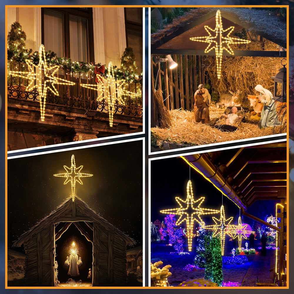 Wettal star used as tree topper providing layered warm-blue and yellow tones