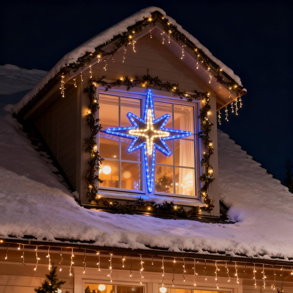 Wettal in a window at night creating cozy, visible curbside lighting