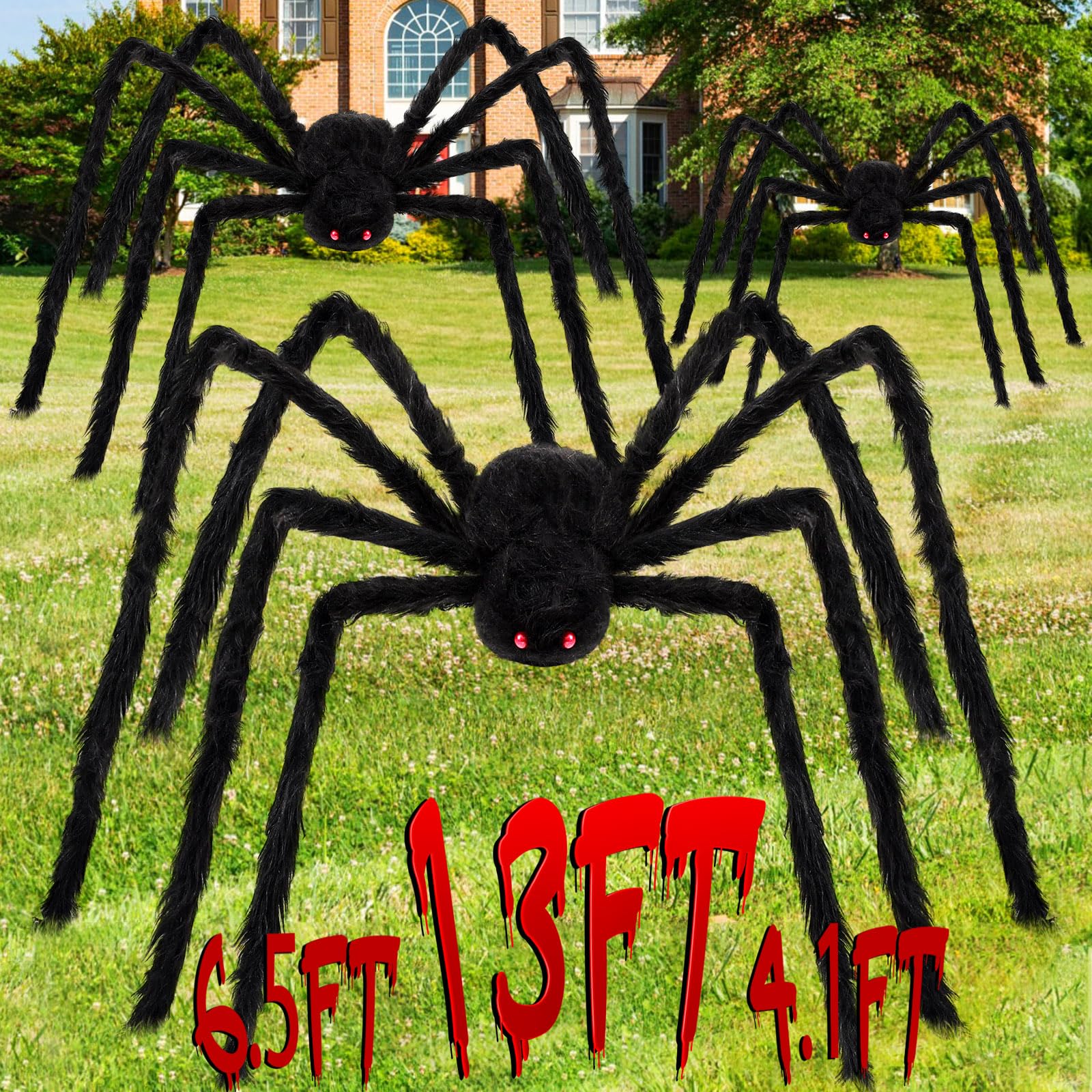 Wettarn giant spider front view shows plush body and red eyes, dramatic porch focal point
