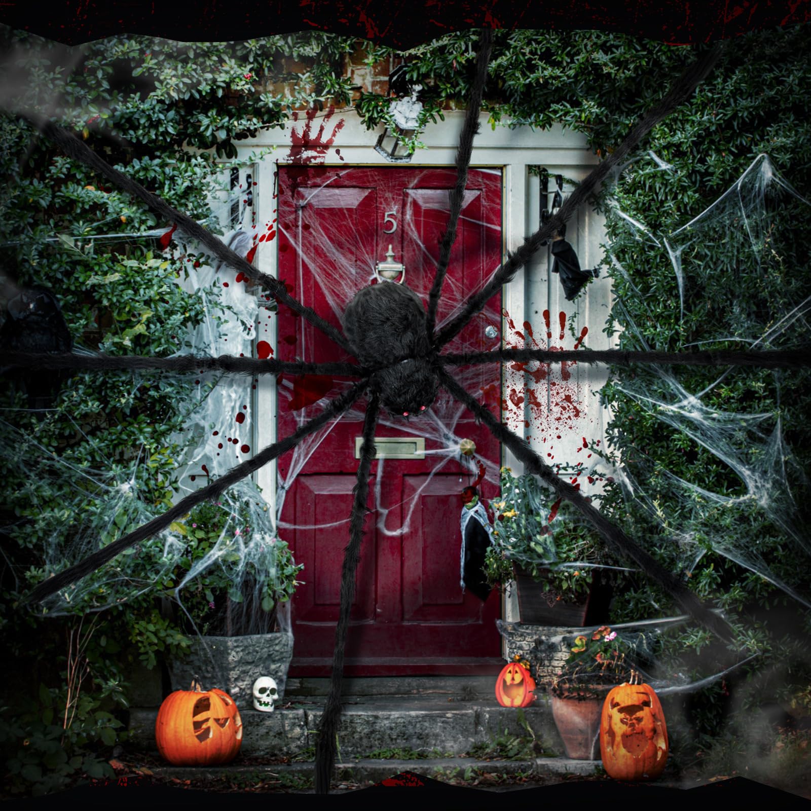 Wettarn spider installed on porch railing giving visitors a startling welcome