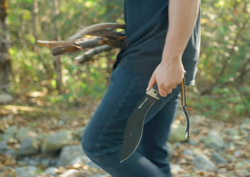 WEYLAND kukri chopping wood demonstrating powerful forward-weighted impact