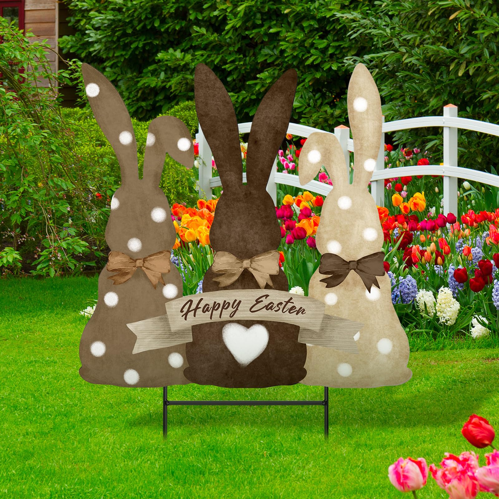 weysat front view of colorful metal bunny sign, adds holiday curb appeal