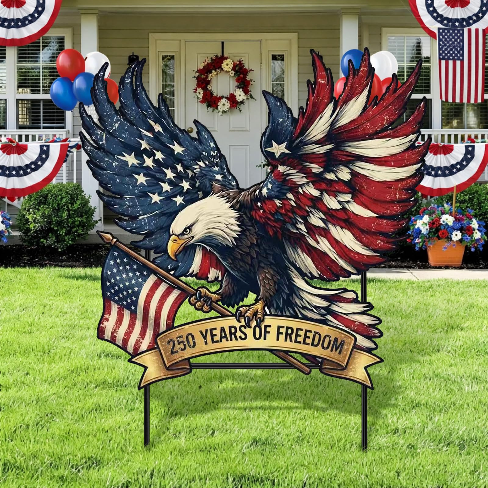 Weysat front view of eagle yard sign showing bold patriotic design and visibility