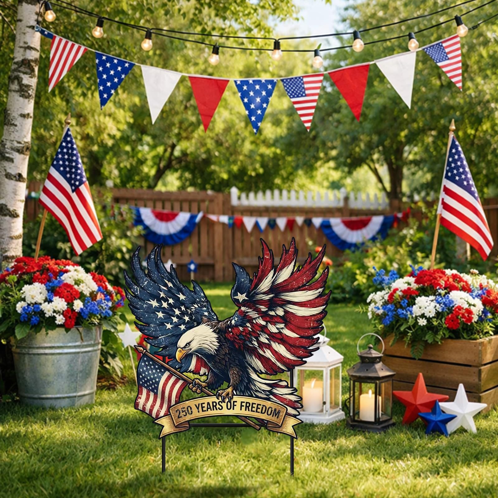Weysat porch display with eagle sign creating inviting patriotic entryway decor