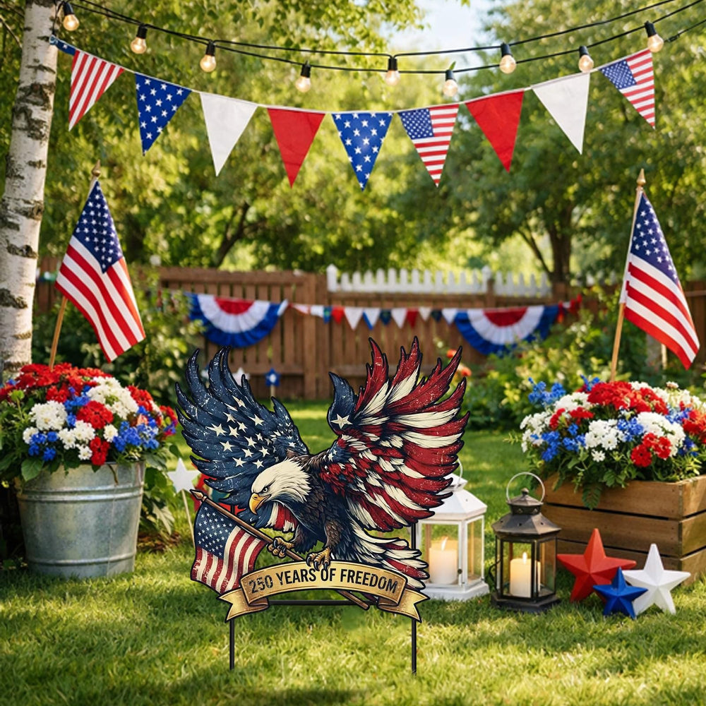 Weysat porch display with eagle sign creating inviting patriotic entryway decor