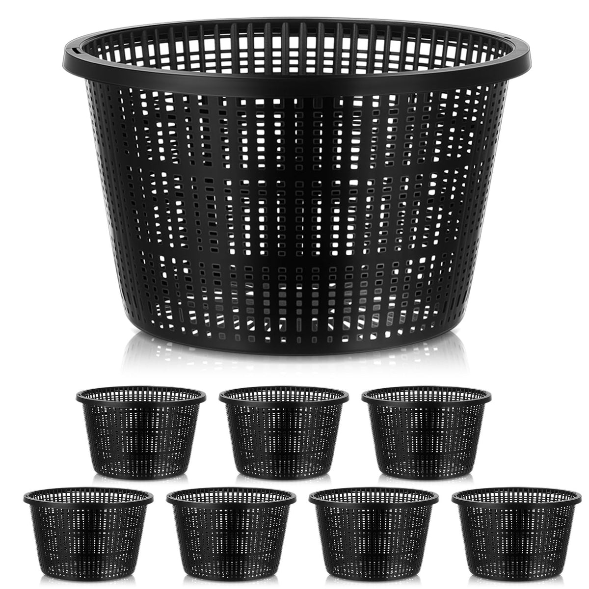 Weysat front view of eight black net pots showing uniform shape and capacity