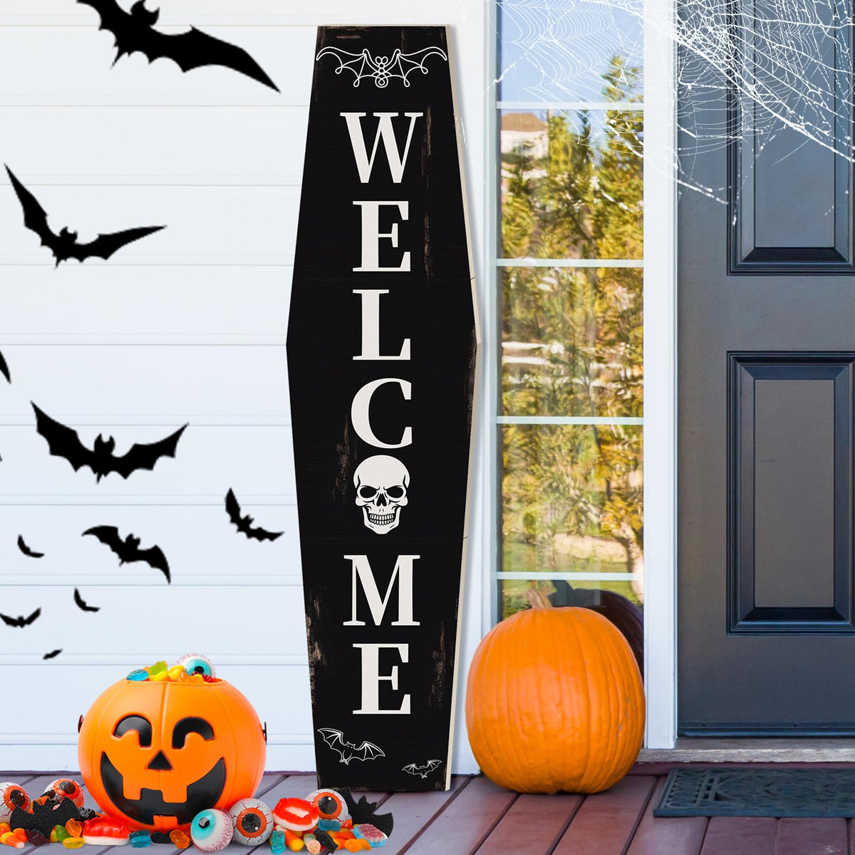 Weysat coffin-shaped porch sign front view adds spooky curb appeal