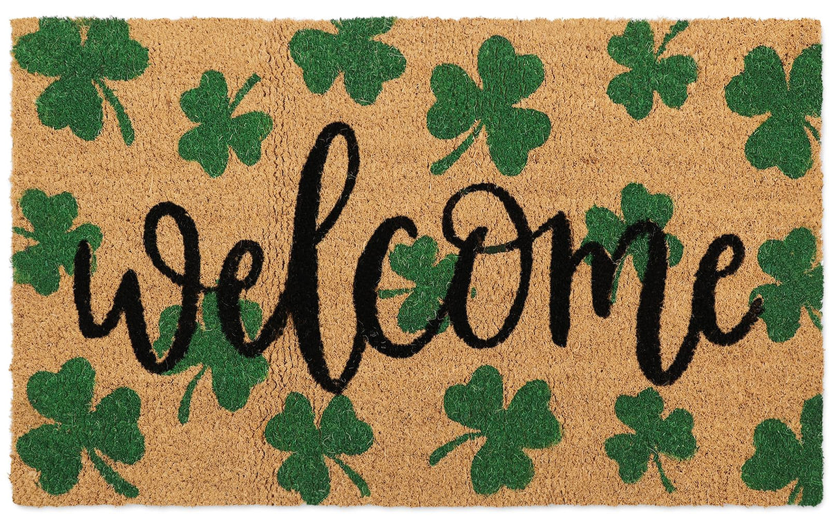 Whaline coir front view showing shamrock welcome design and durable scraping surface benefit